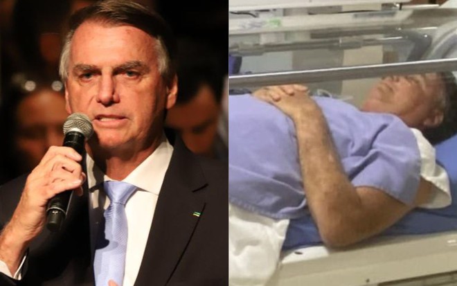 Na montagem: Jair Bolsonaro em discurso (à esquerda); e deitado, em tratamento após quadro de infecção (à direita)